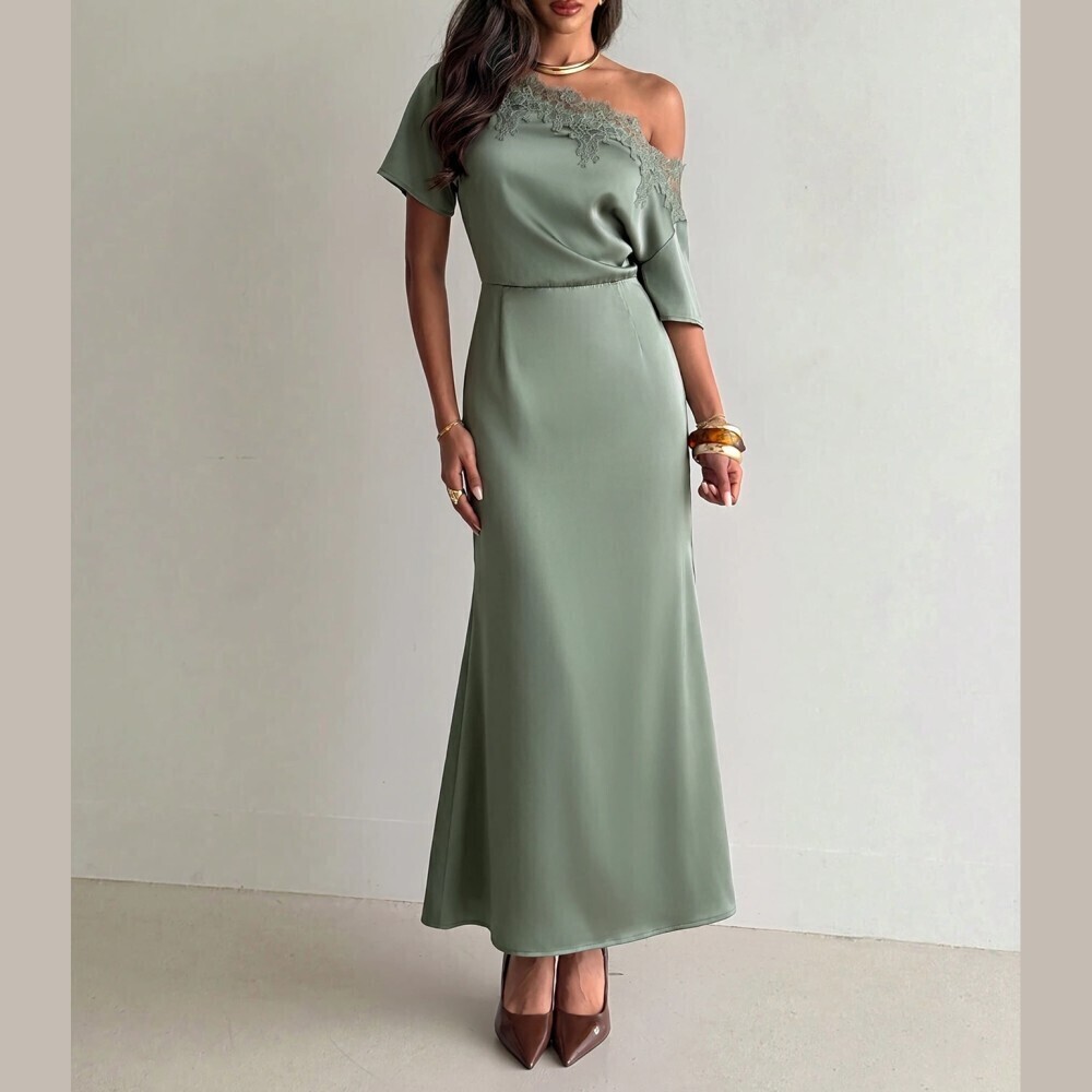 Mute Sage Green Satin Lace Trim Asymmetrical Neck Maxi Dress